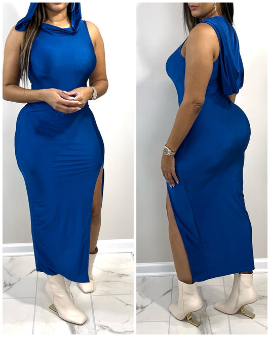 8048 Blue Hooded Shiny Dress