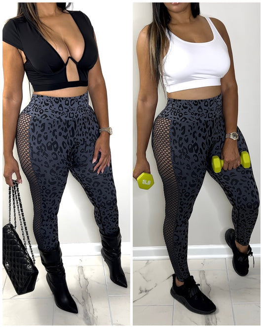 1010 Gray Black Net Workout Leopard Tights