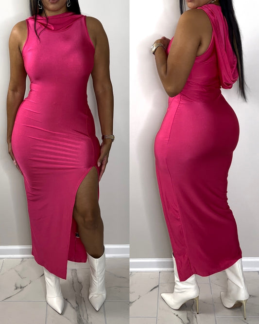 8048 Pink Hooded Shiny Dress